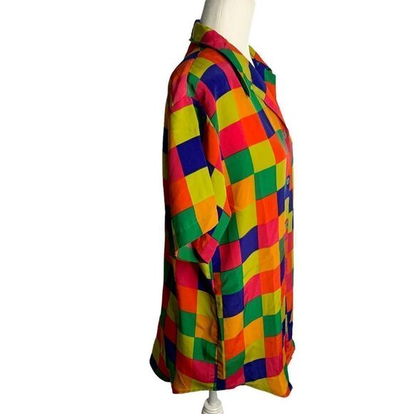 Vintage Silky Button Down Short Sleeve Shirt M Multicolored Check Shoulder Pads - Picture 5 of 6